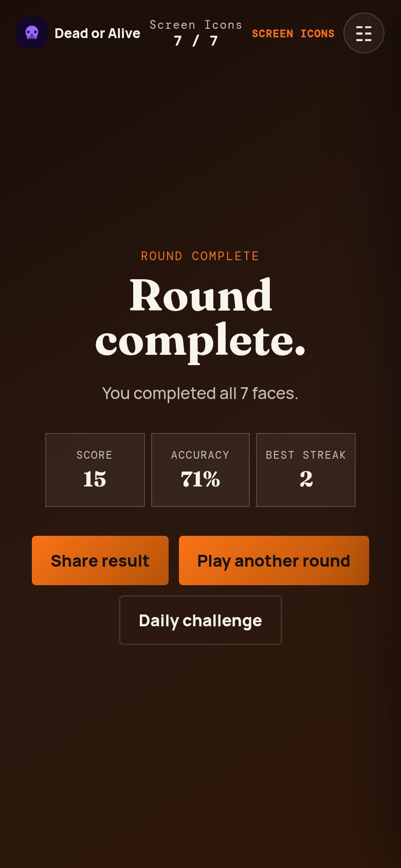 Dead or Alive round result with share button
